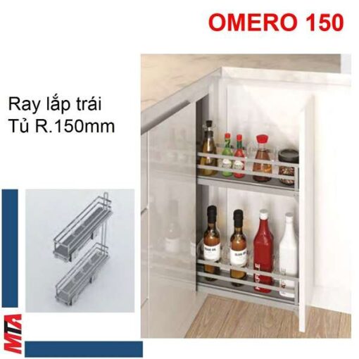 Kệ đựng gia vị hafele Omero 150 phiên bản ray lắp hông phải tủ bếp, chiều rộng phủ bì tủ bếp là 150mm.