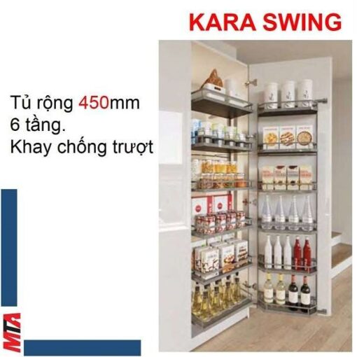 tủ đồ khô 6 tầng hafele Kara Swing 548.65.842 với điểm nhấn sử dụng tấm lót màu xám chống trơn trượt đồ vật khi di chuyển.