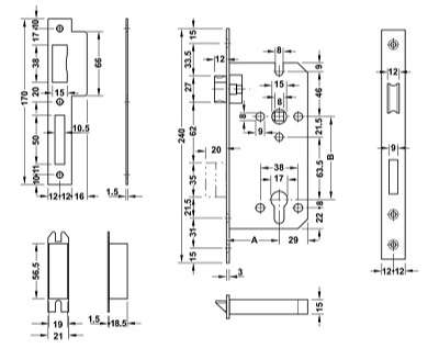 Thân khóa lưỡi gà chốt chết Hafele 911.02.165 Inox mờ 304