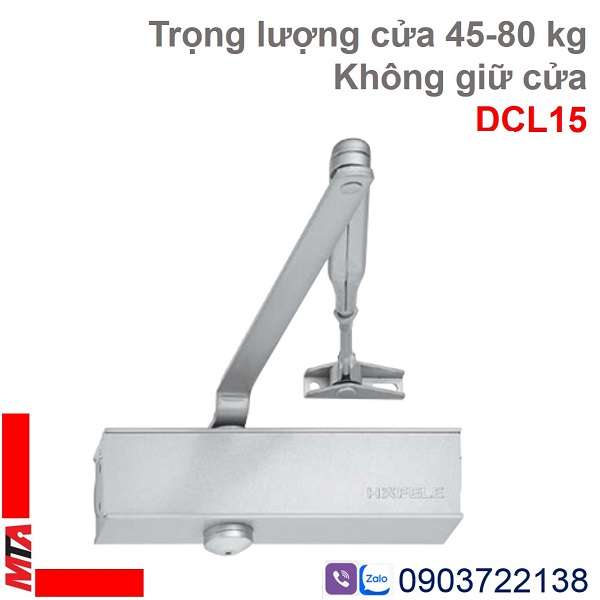 thiết bị đóng cửa tự động hafele DCL15 931.84.629 không có chức năng giữ cửa, trọng lượng cửa 45-80 kg, chiều rộng cửa phù hợp 750-1100mm, lắp nổi trên cửa