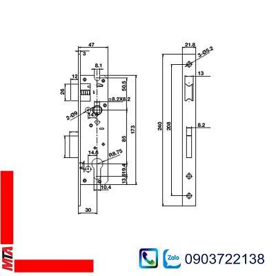 Thân khóa lưỡi gà chốt chết cho cửa đố nhỏ Hafele 911.77.263